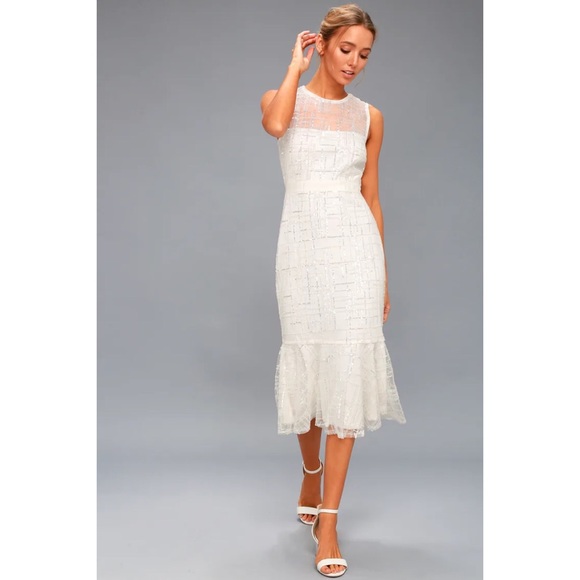 Lulu's “Classy Missy” White Silver Sequin Peplum Midi Shiny Formal Dance Dress - Picture 4 of 14